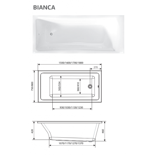 Ванна акриловая Marka One Bianca белая 180х80 см 01бья1880